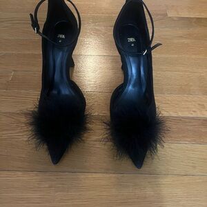 Zara Black Pointed-Toe Heels with Feather Pom